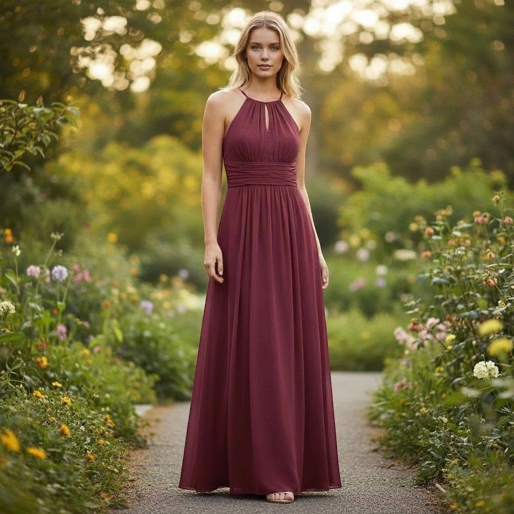 Azazie BONNIE Mulberry A-Line Keyhole Ruched Chiffon Dress